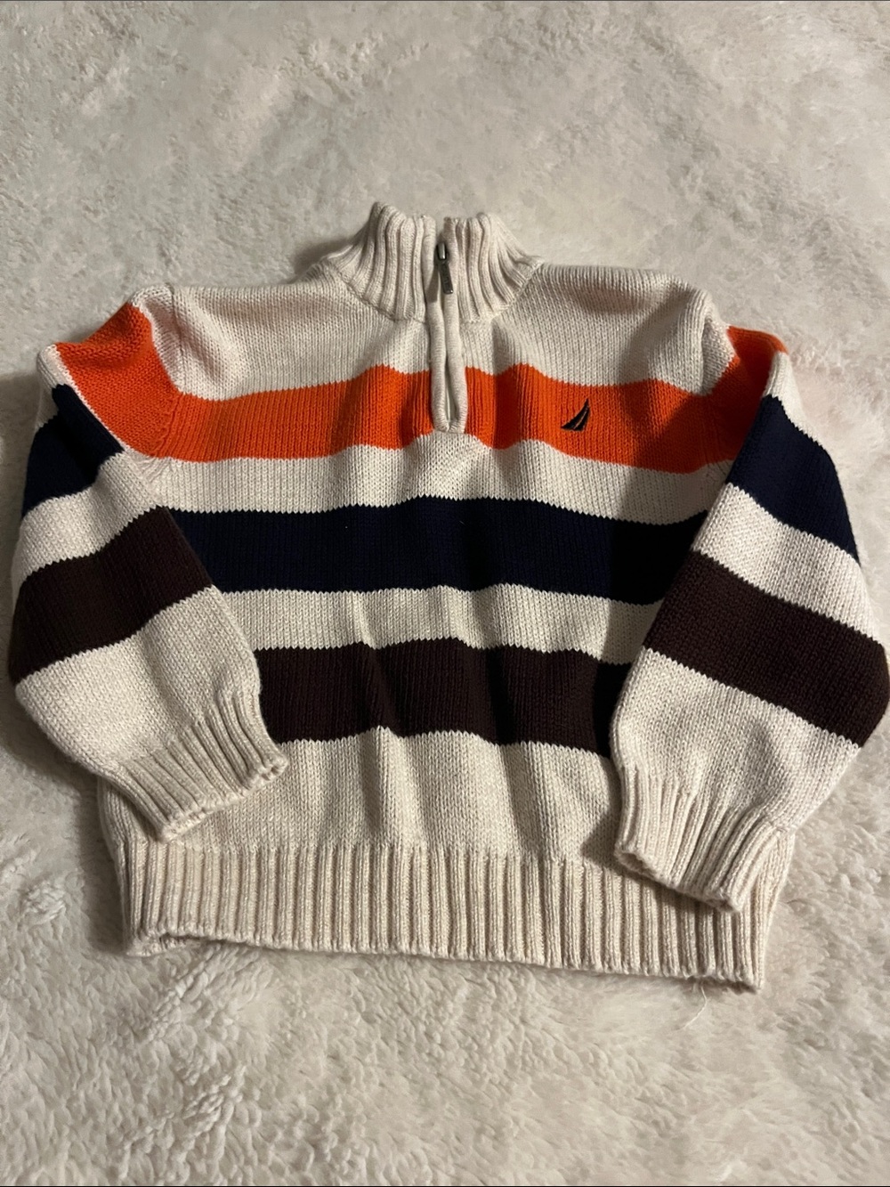 Nautica  Cream Zip-Up Sweater with Orange, Navy & Brown Stripes
